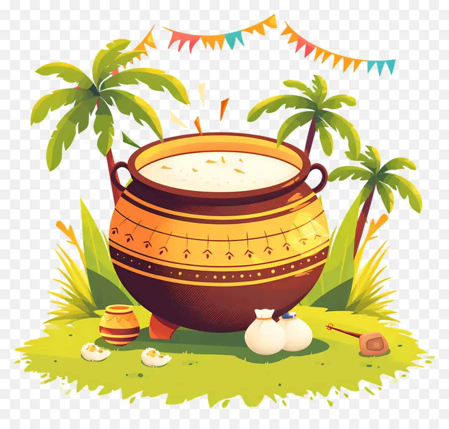 Pongal สามารถ，หม้อตกแต่งด้วยต้นปาล์ม PNG