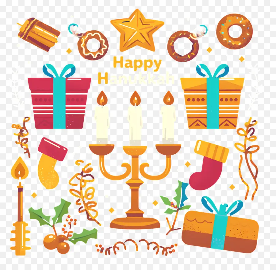 Hanukkah มีความสุข，Menorah และของขวัญ PNG