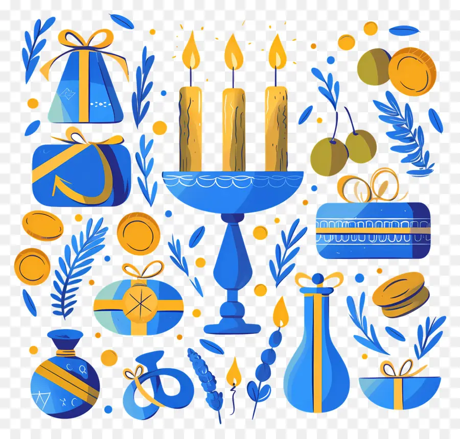 Hanukkah，เทียนสีน้ำเงินและสีทอง PNG