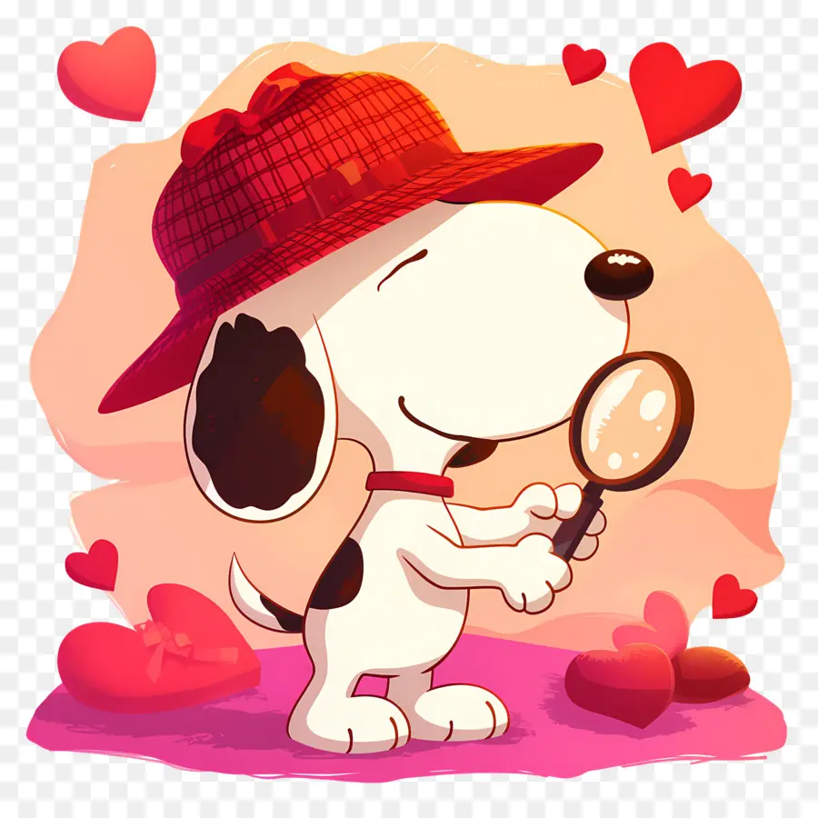 รัก Snoopy，สุนัขที่มีแว่นขยายและหัวใจ PNG