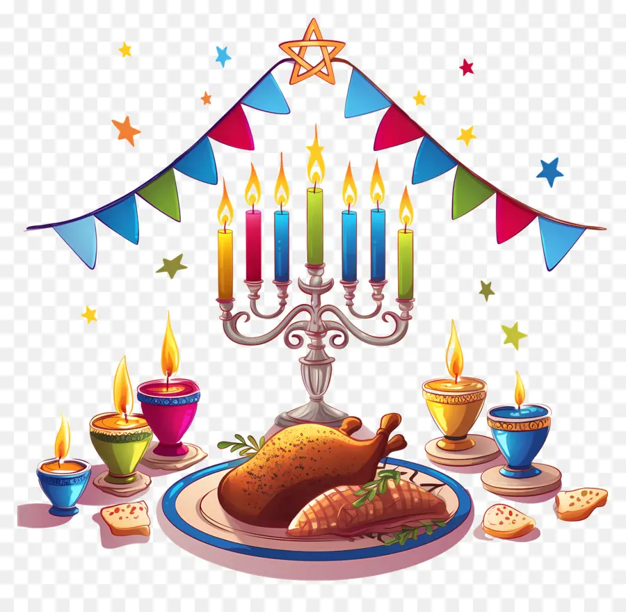 Hanukkah，เทียนสีสันสดใสและอาหาร PNG