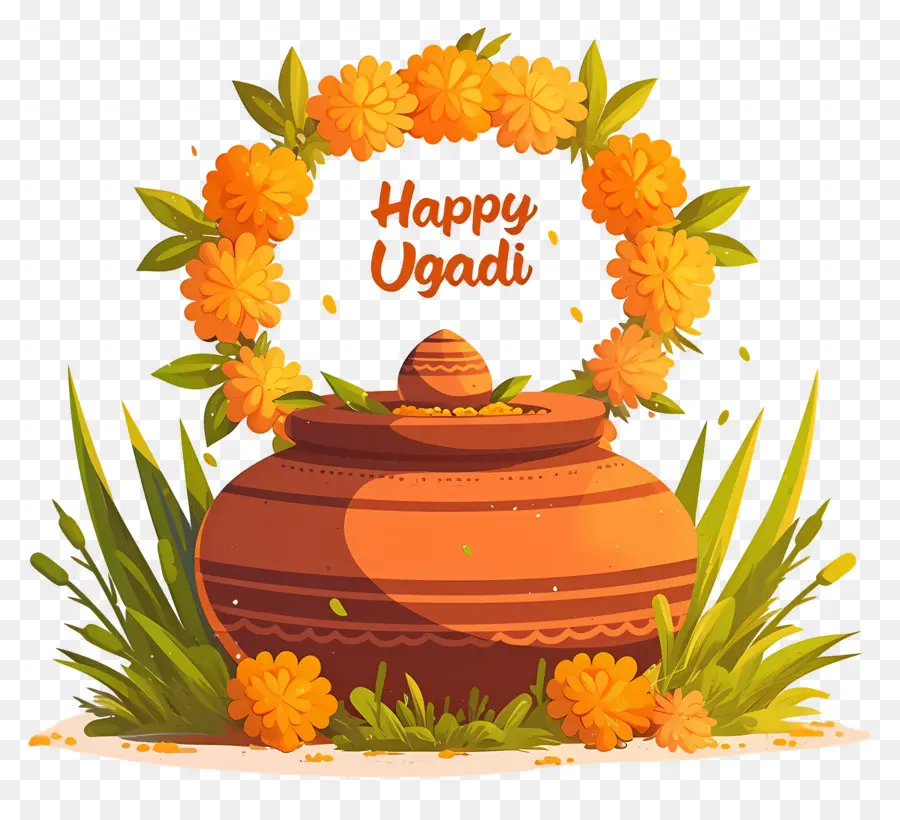 Happy Ugadi，หม้อตกแต่งด้วยพวงหรีดดอกไม้ PNG