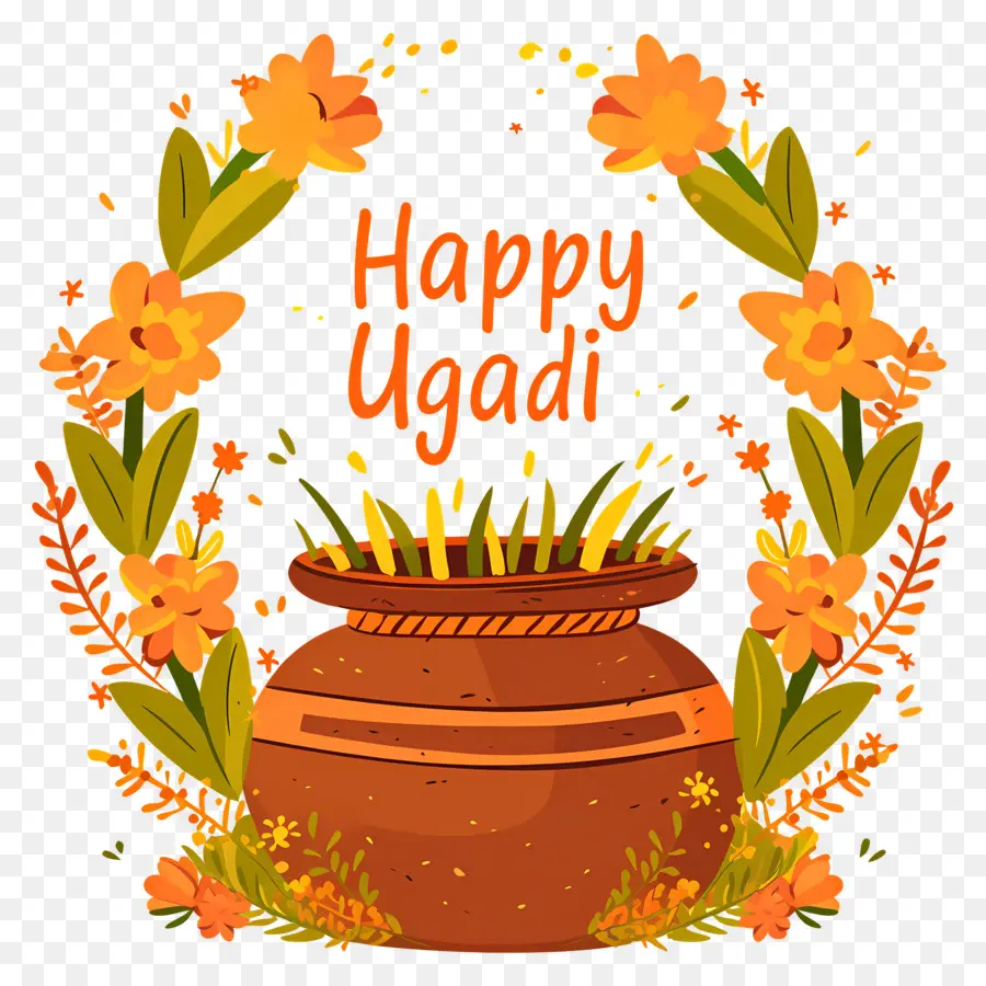 Happy Ugadi，หม้อตกแต่งด้วยกรอบดอกไม้ PNG