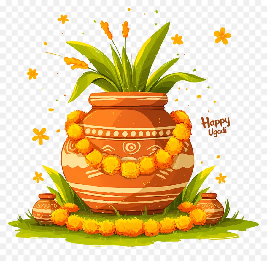 Happy Ugadi，หม้อตกแต่งด้วยพวงมาลัย PNG