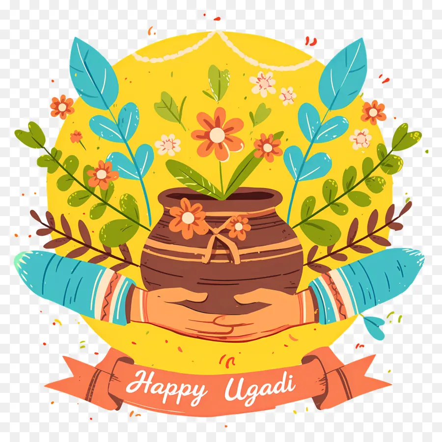 Happy Ugadi，หม้อตกแต่งด้วยดอกไม้ PNG