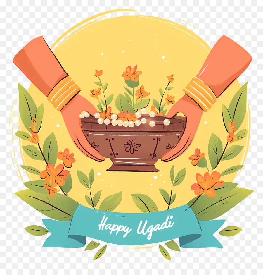 Happy Ugadi，หม้อตกแต่งด้วยดอกไม้ PNG