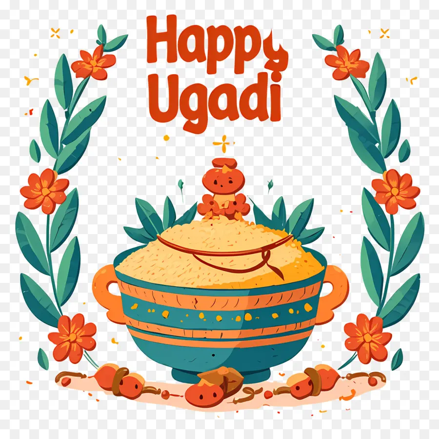 Happy Ugadi，หม้อตกแต่งด้วยการออกแบบดอกไม้ PNG