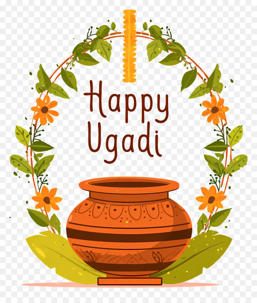 Happy Ugadi，หม้อตกแต่งด้วยพวงมาลัยดอกไม้ PNG