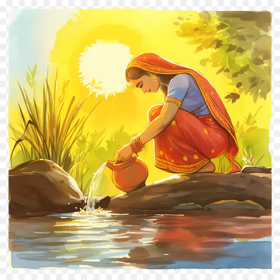 Chhath Puja，ผู้หญิงริมน้ำ PNG