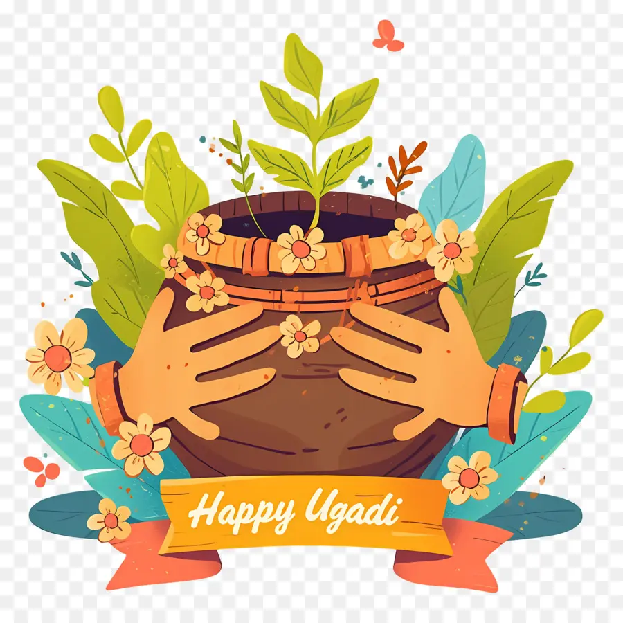 Happy Ugadi，หม้อกับพืช PNG