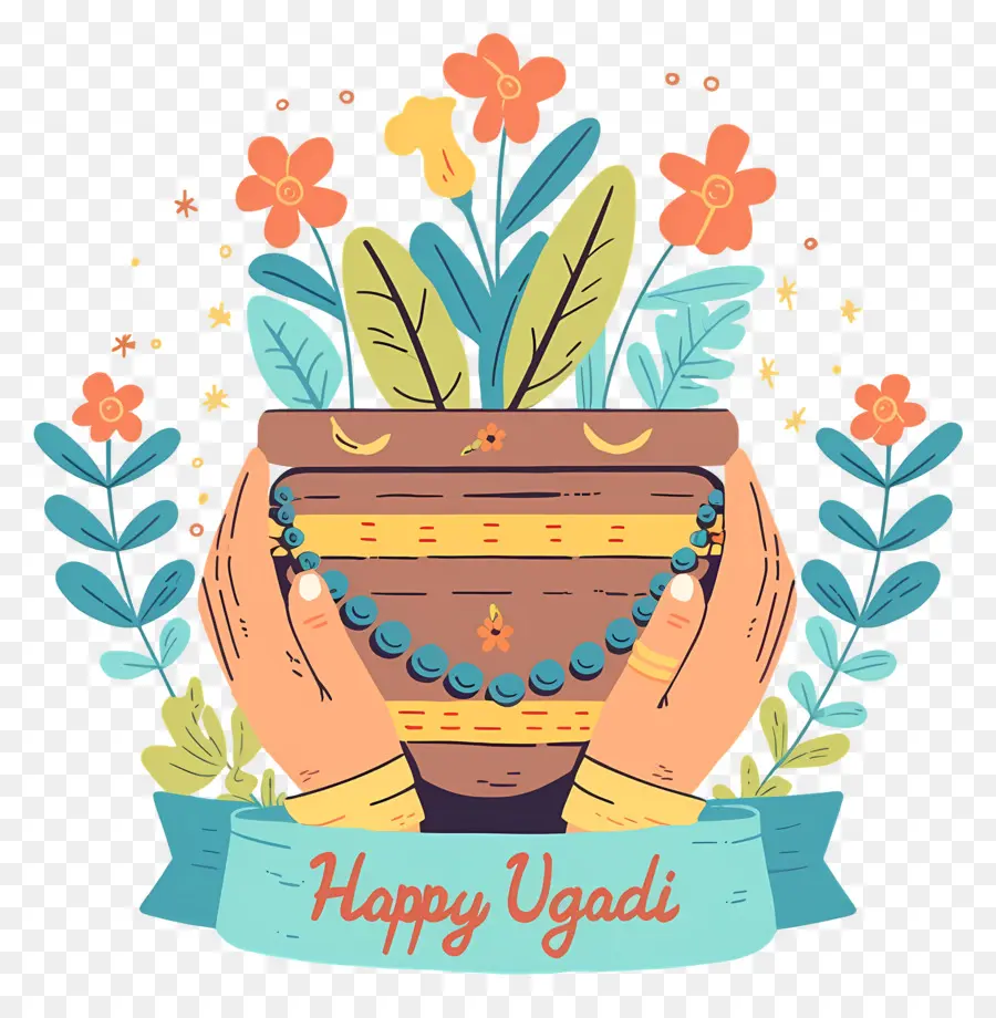 Happy Ugadi，หม้อตกแต่งด้วยพืช PNG