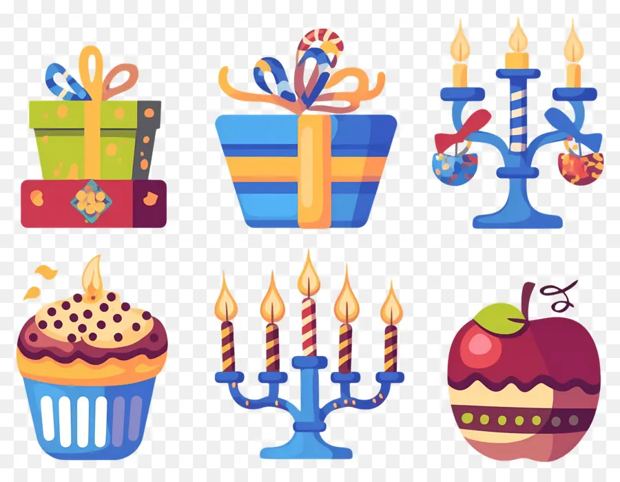 การตกแต่ง Hanukkah，ของขวัญและคัพเค้ก PNG