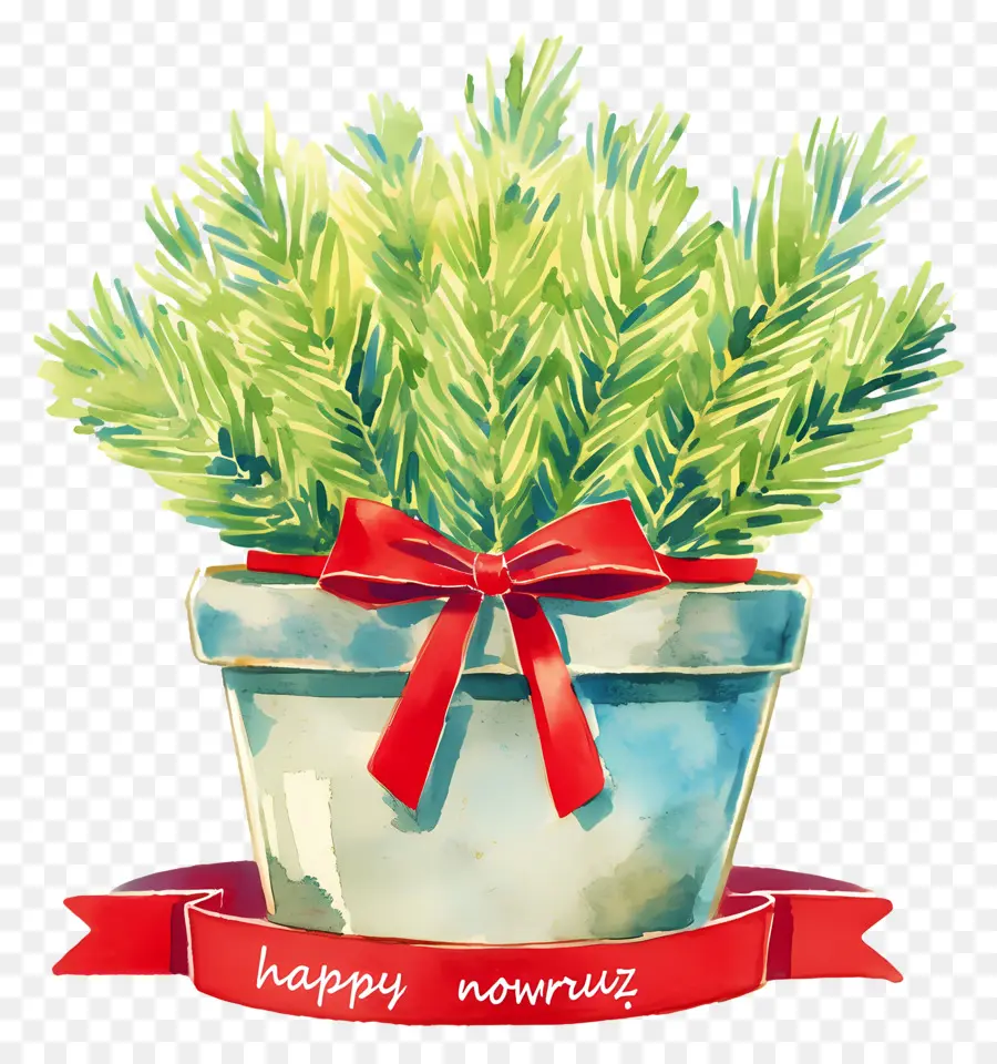 Happy Nowruz，พืชสีเขียวที่มีริบบิ้นสีแดง PNG