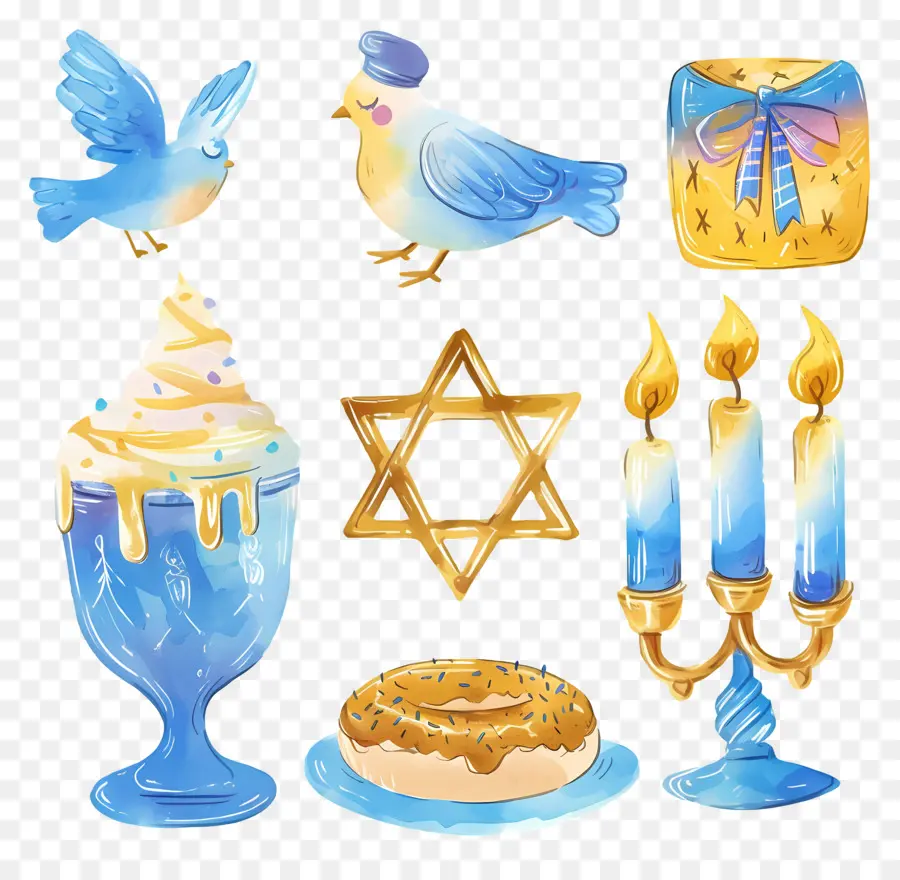 การตกแต่ง Hanukkah，สัญลักษณ์ Hanukkah สีน้ำเงินและสีทอง PNG