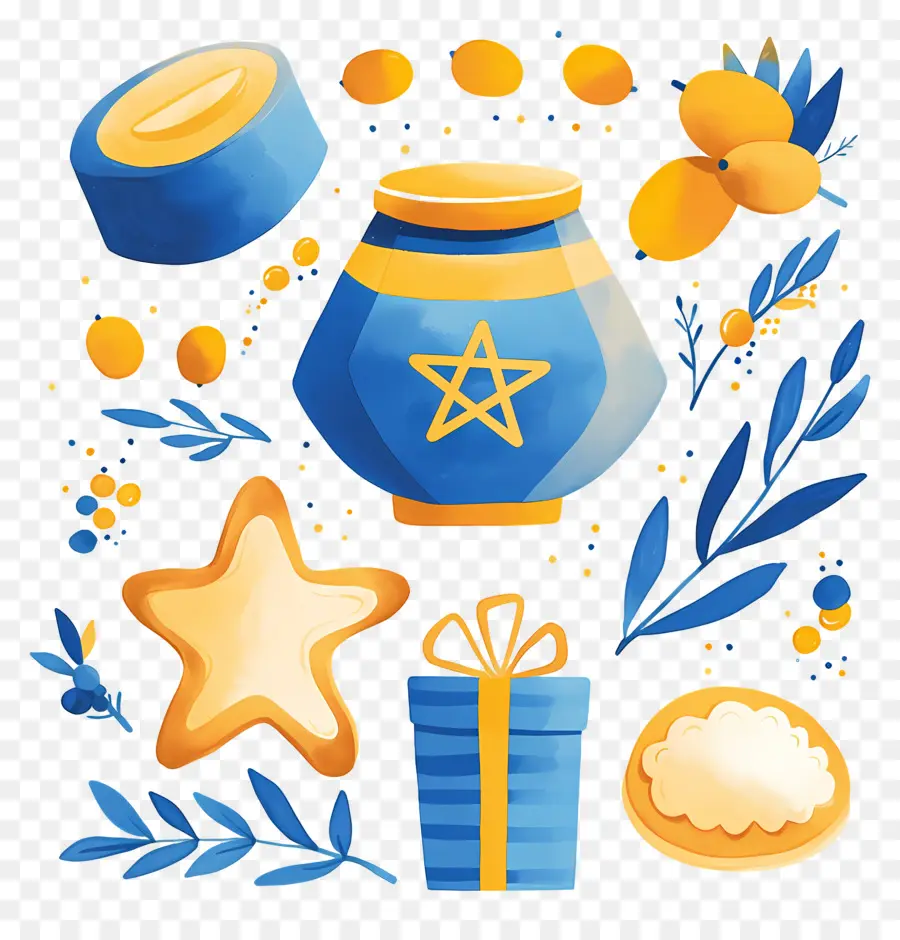 การตกแต่ง Hanukkah，ชุด Hanukkah สีน้ำเงินและสีเหลือง PNG