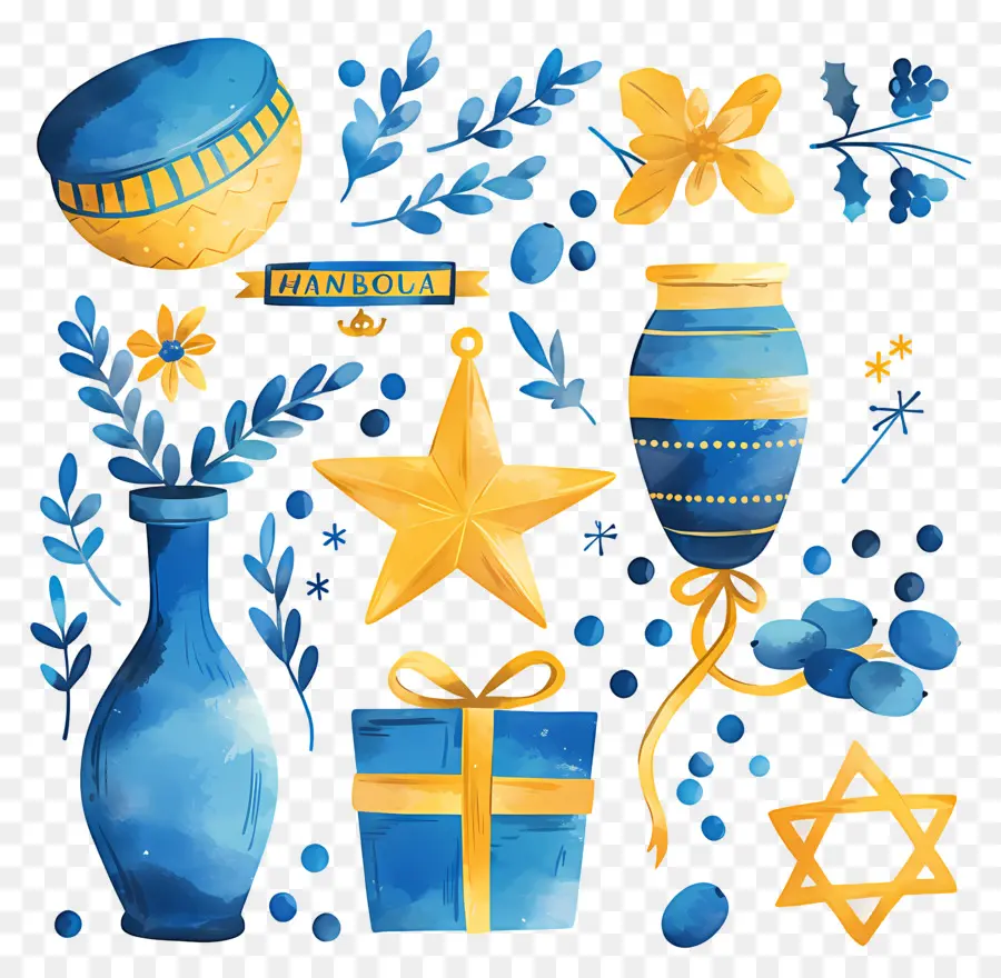 การตกแต่ง Hanukkah，ของตกแต่งสีน้ำเงินและสีเหลือง PNG