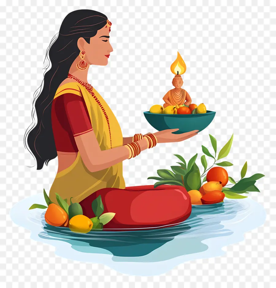 Chhath Puja，ผู้หญิงที่มีโคมไฟและผลไม้ PNG