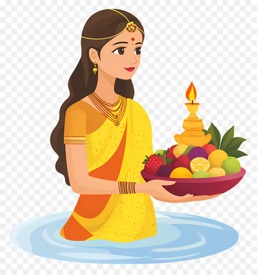 Chhath Puja，ผู้หญิงที่มีโคมไฟและผลไม้ PNG