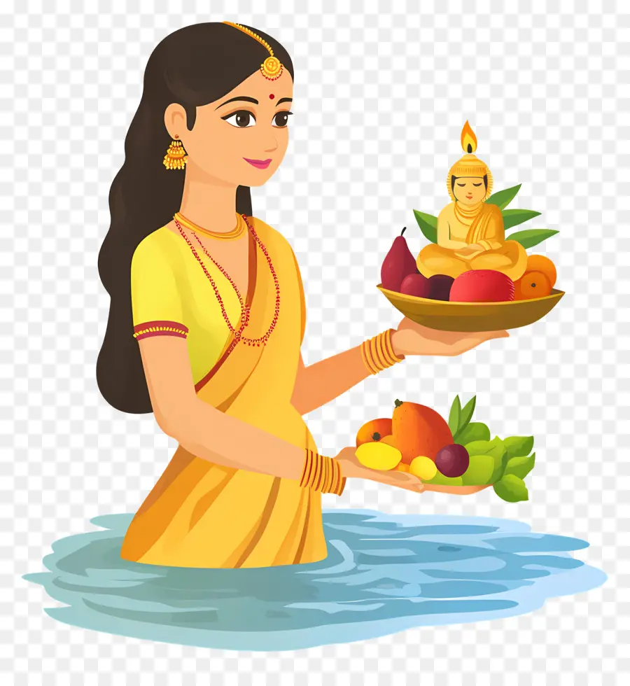 Chhath Puja，ผู้หญิงที่มีตะกร้าผลไม้ PNG