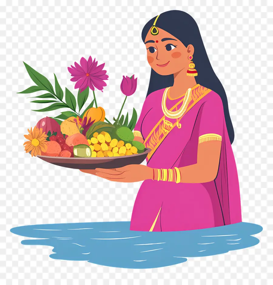 Chhath Puja，ผู้หญิงที่มีตะกร้าผลไม้ PNG