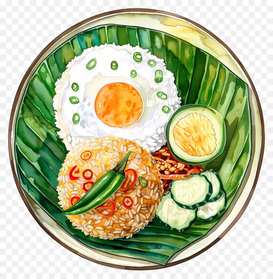 ข้าวผัด，ข้าวและไข่บนใบกล้วย PNG