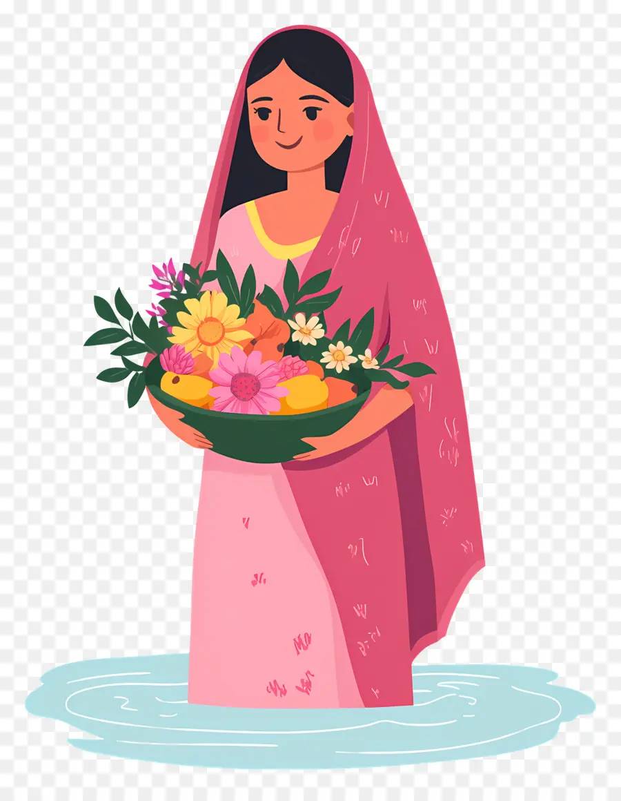 Chhath Puja，ผู้หญิงใน Saree สีชมพู PNG